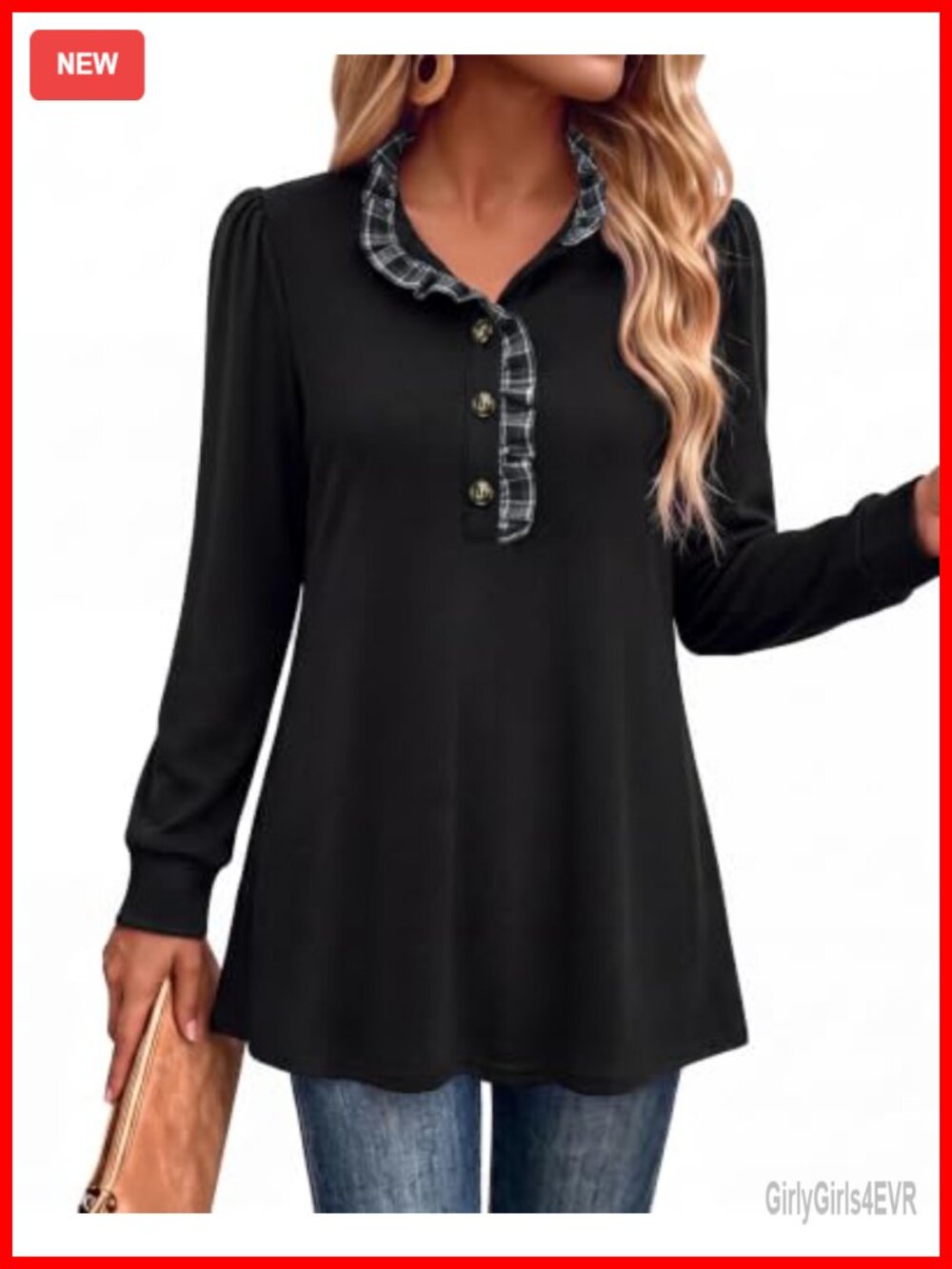 Timeson Womens Long Sleeve Tunic Sweater Button Ruffle Stand Collar